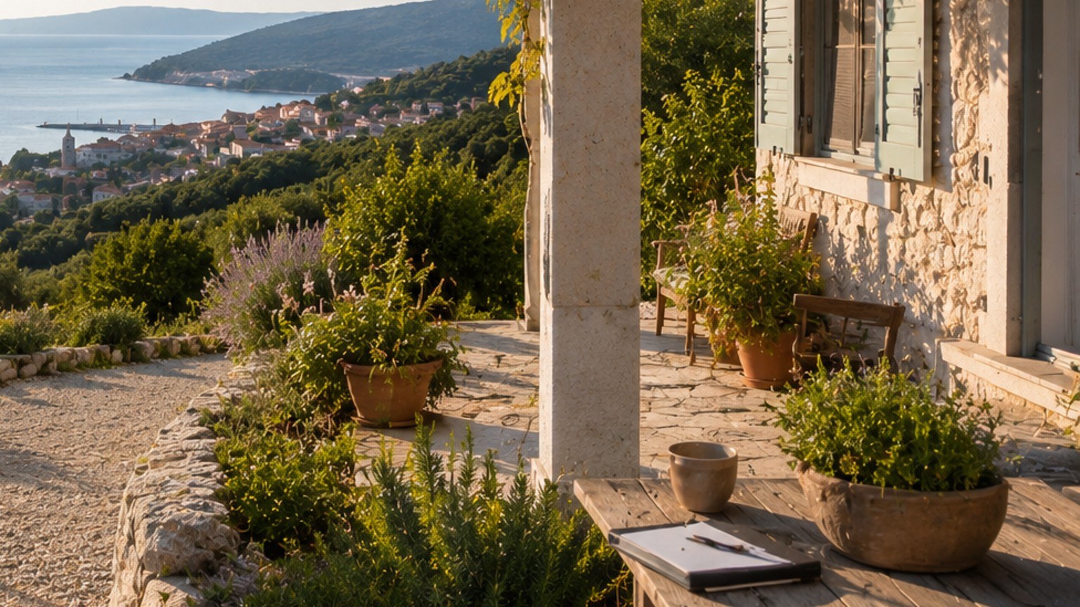 Terrasse mit Tisch, Notizbuch und Blick auf Cres als Bild für Abstimmung, Orientierung und Begleitung.