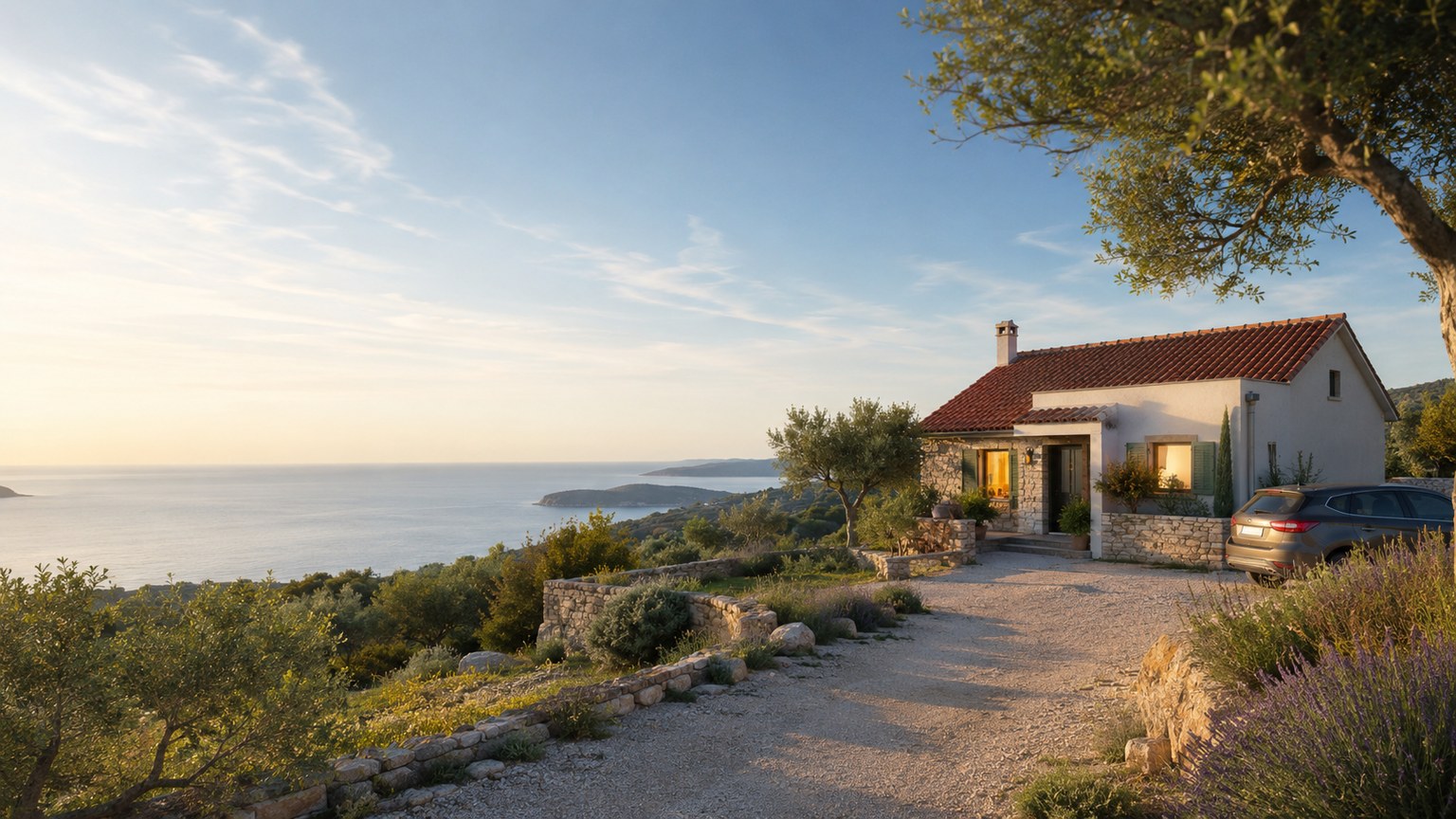 Širok krajolik s kućom, morem i pogledom na Kvarner kao slika za Bavarsku, Cres, Lošinj i regionalnu povezanost.